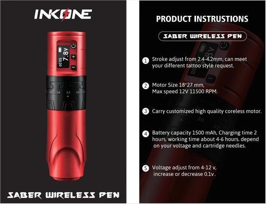 Pistolet de tatouage sans fil de 1500 mAh INKONE SABER Pénomène de machine à tatouer sans noyau Moteur puissant Longue course 4,2 mm Aluminium d'avion fournisseur